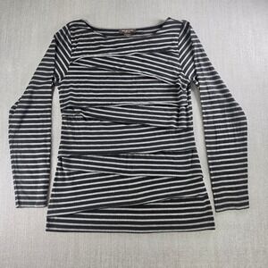 Linda Matthews Top Womens Medium Black Gray Striped Layered Asymmetrical Tiered